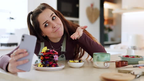 home dessert, happy woman and kitchen selfie