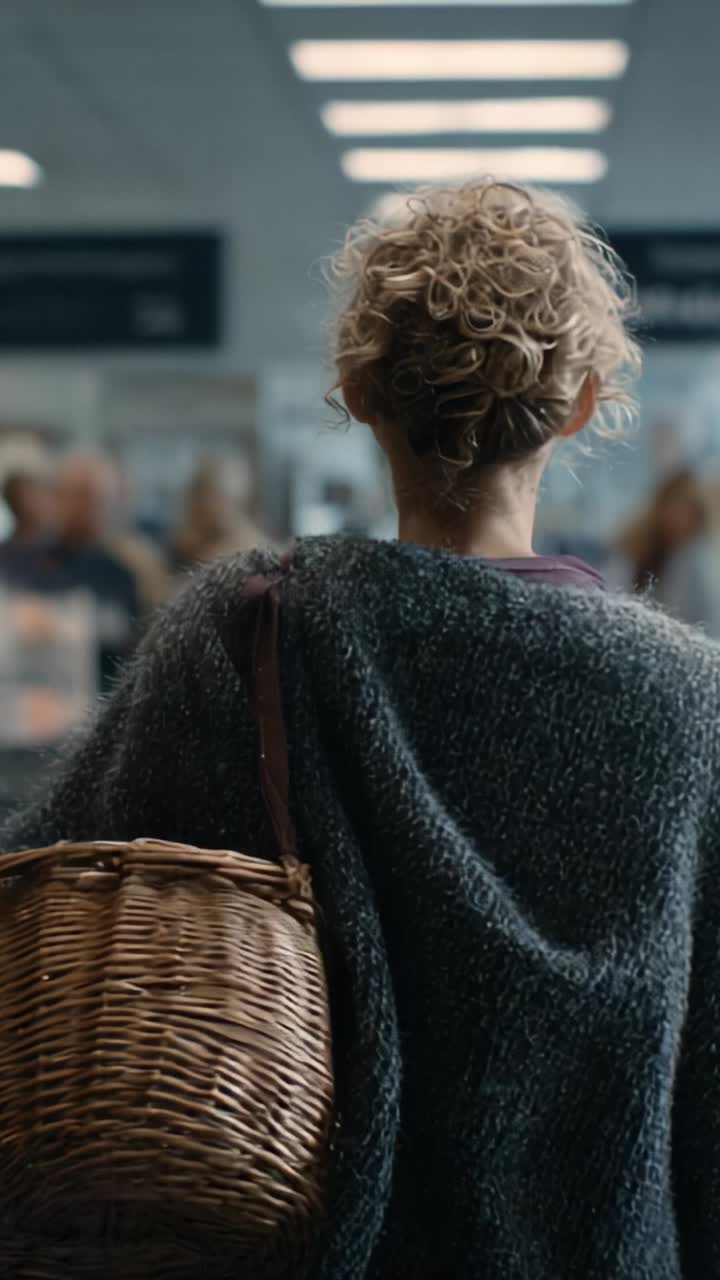 A Woman with Curly Hair and a Basket Walking Through a Busy Terminal, Capturing Everyday Life and the Journey of Travel in a Vibrant Atmosphere