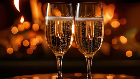 two champagne glasses with warm bokeh background