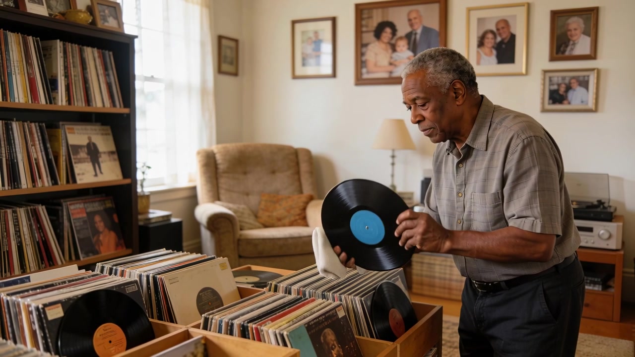 Flipping through crates senior in button-up shirt wiping vinyl records at home with cloth for play
