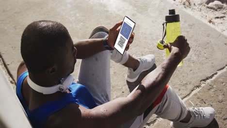 Man-in-street-holding-smartphone-with-covid-vaccination-certificate,-eu-flag-and-qr-code-on-screen