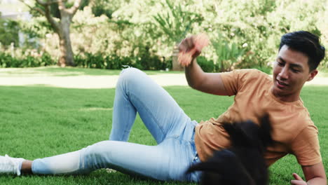 asian man playing with dog in park, enjoying sunny day with toy