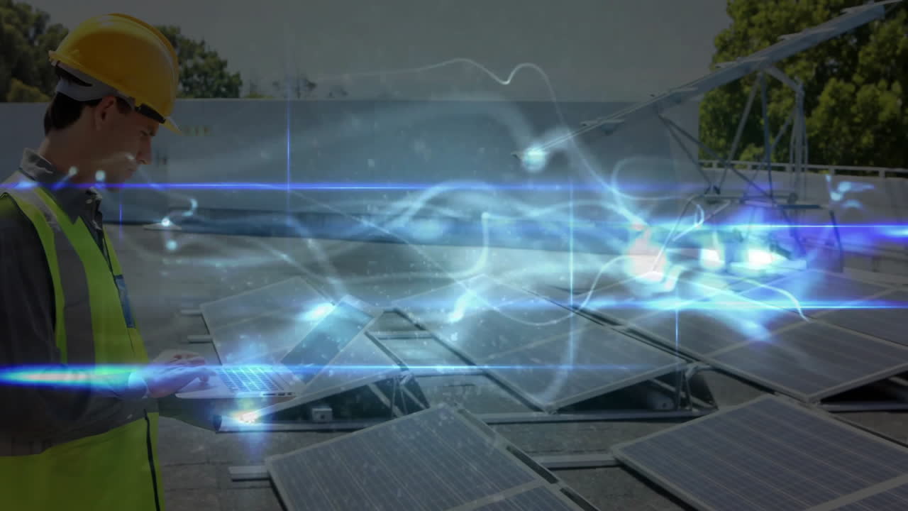 Engineer inspecting solar panels on rooftop, displaying AR holographic data with laptop interface