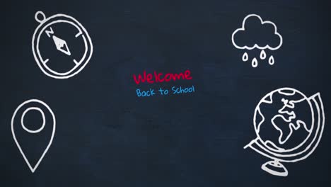 animación de texto de regreso a la escuela y iconos de conceptos de geografía contra un fondo de cartón azul.