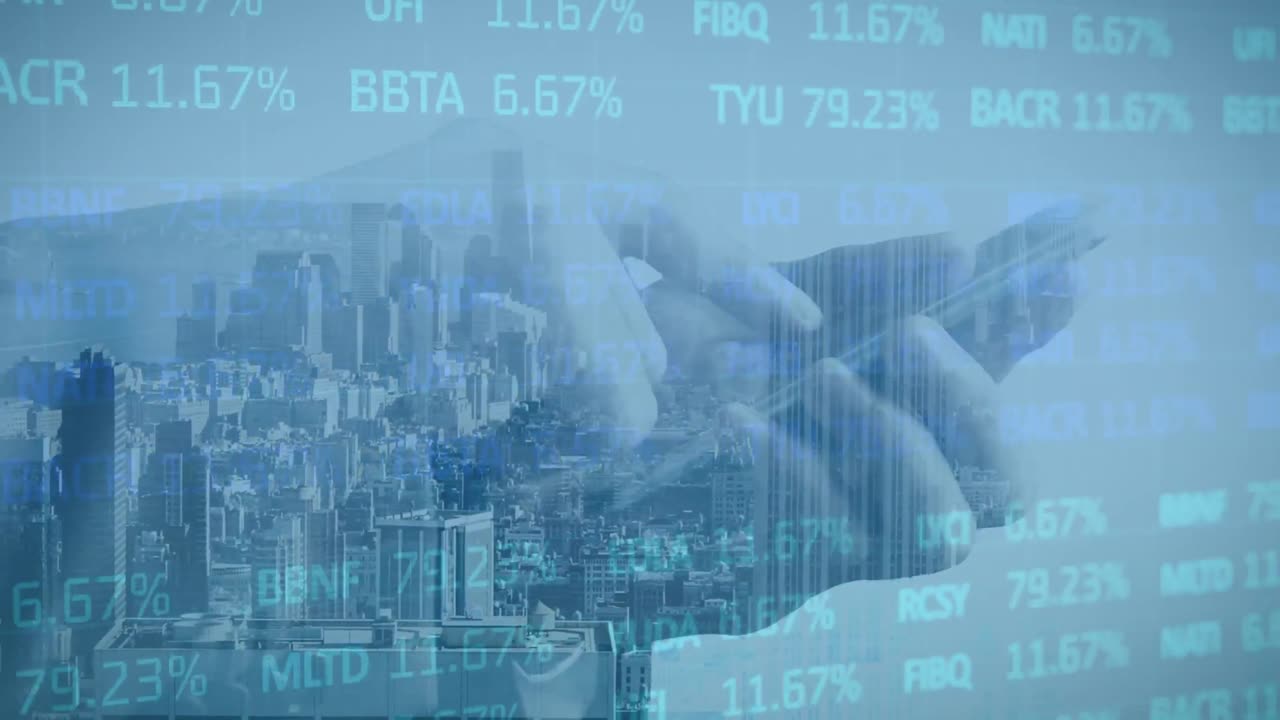 스마트 폰을 사용하여 사람의 손을 통해 데이터 처리 및 도시 풍경의 애니메이션