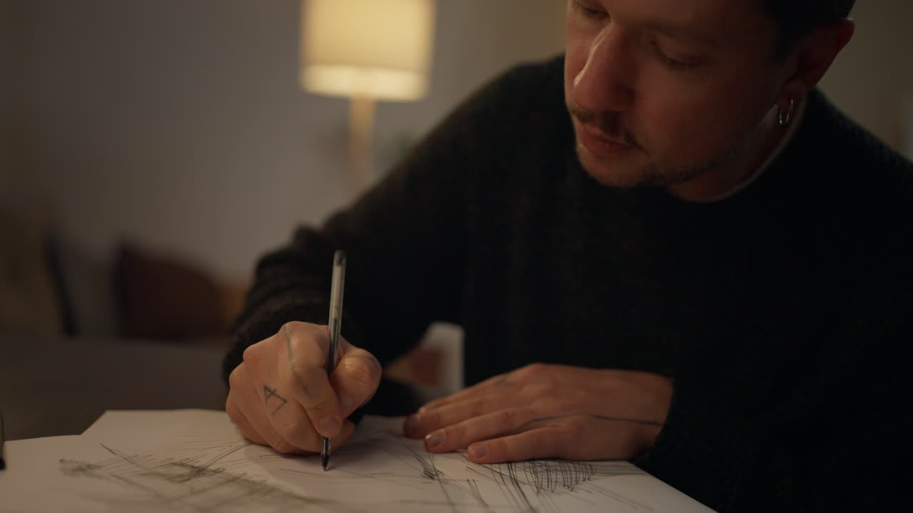 Man drawing at home at night