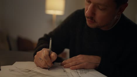 man drawing at home at night