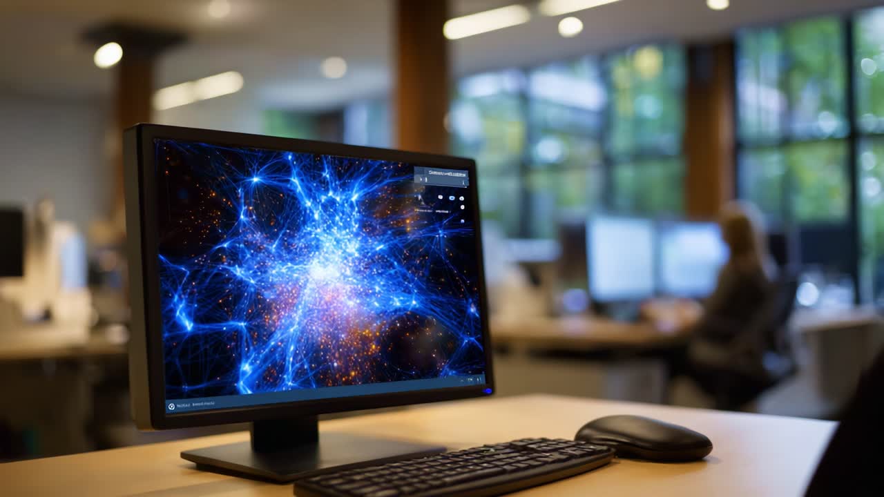 Fantastisk visuelt display på computerskærm, der viser abstrakt digital kunst med klare farver og indviklede mønstre i et moderne kontormiljø