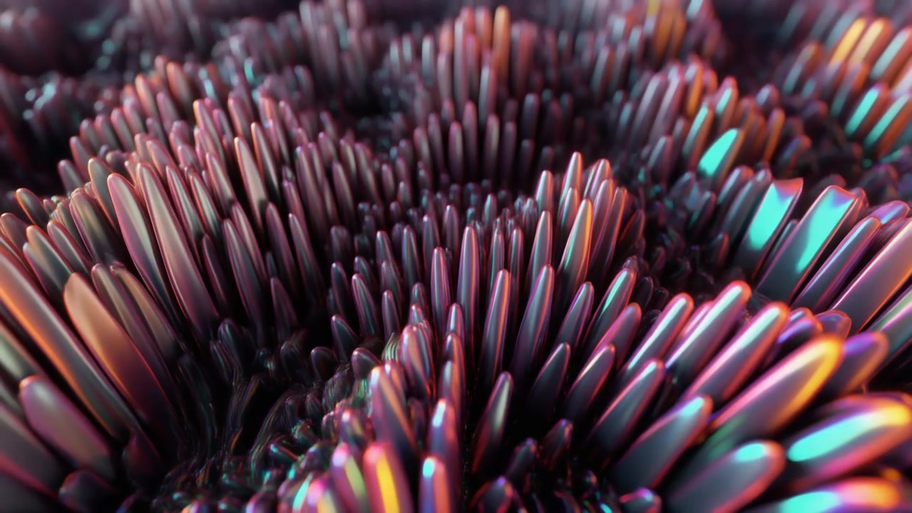Abstract 3D Animation of Iridescent Metallic Spikes Moving in Waves