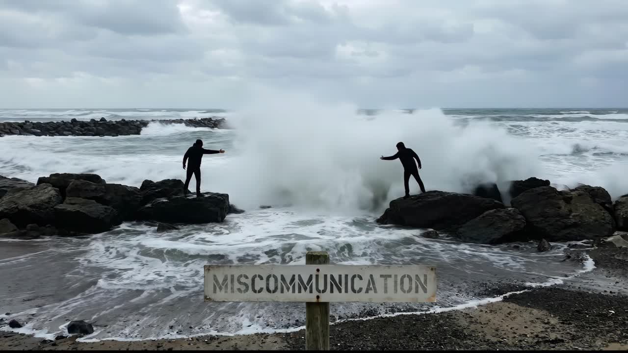 Scena simbolica di incomprensione con persone e un oceano in tempesta