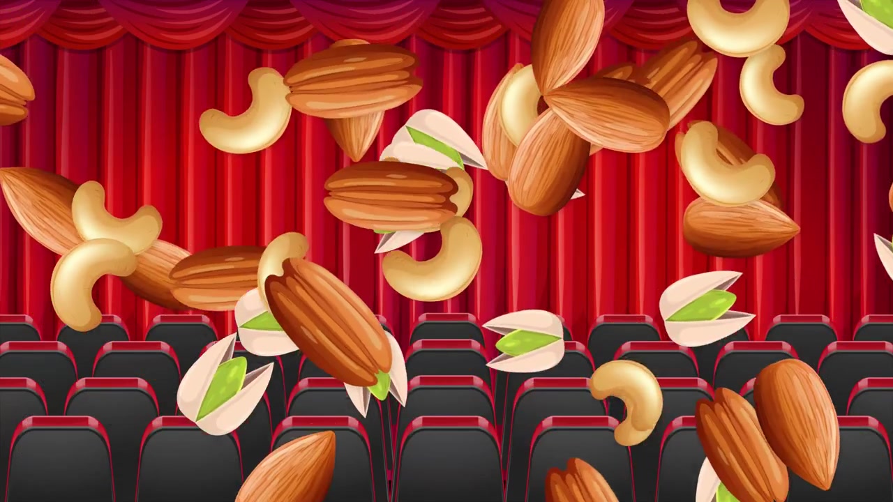 Amêndoas, Castanhas de Caju e Pistaches em Desenho Animado Caem Sobre uma Cortina de Teatro Vermelha e Assentos de Cinema Vazios.