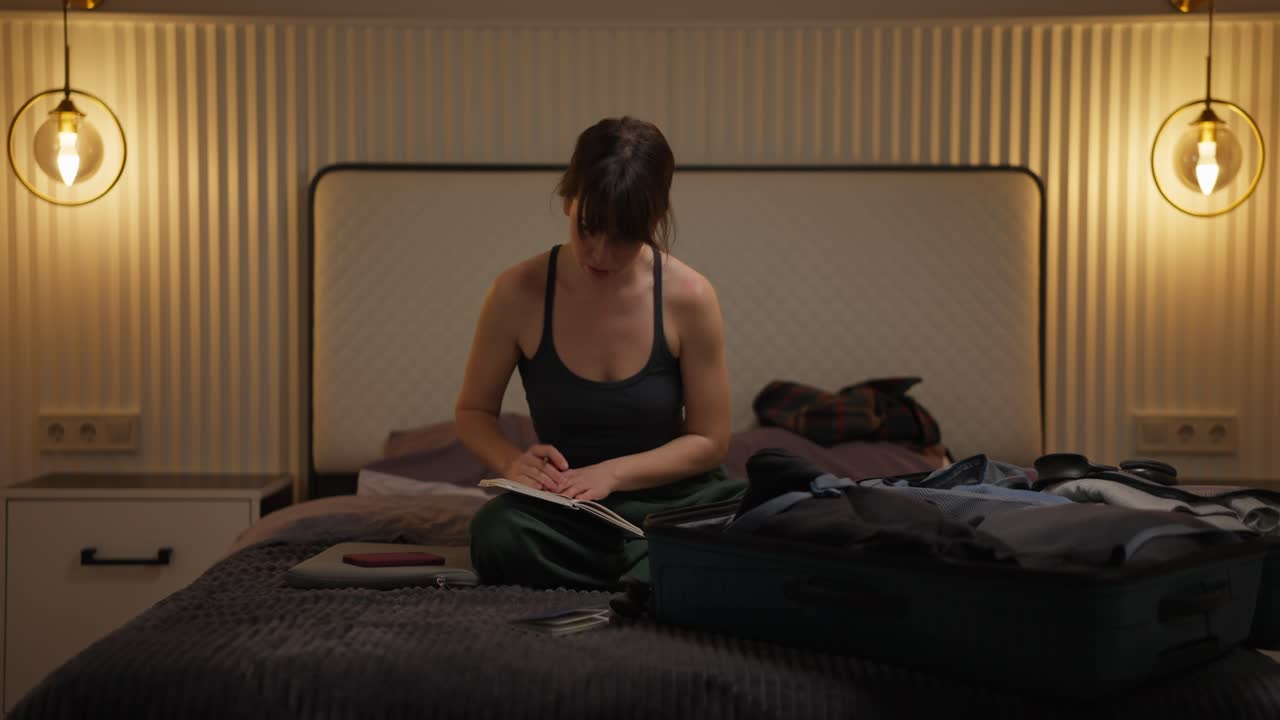Woman Planning Trip and Packing Suitcase on Bed