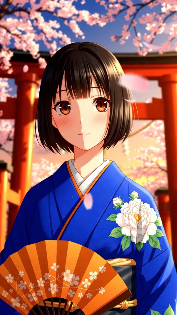 Donna giapponese in kimono in un tempio con fiori di ciliegio.