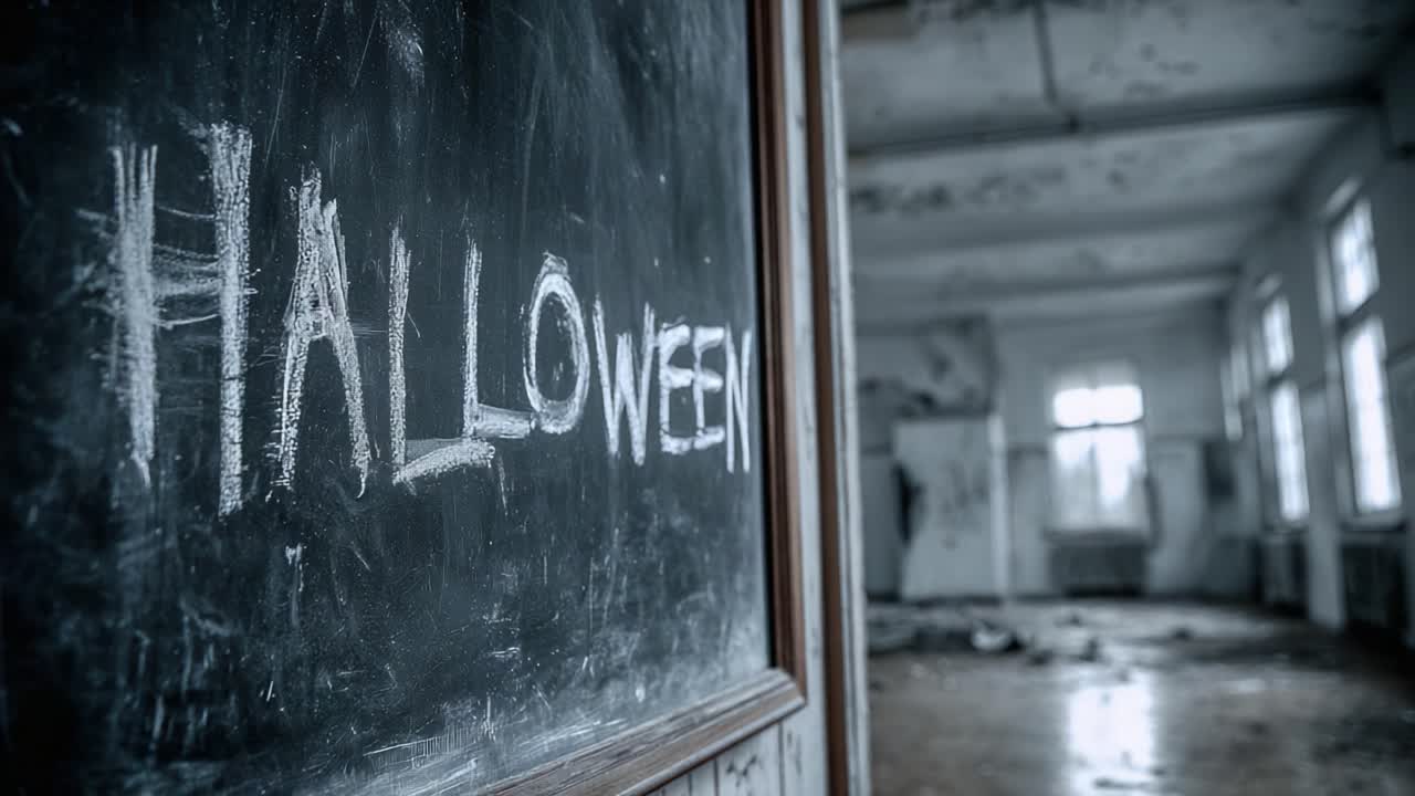 Skummelt halloween-ord skrevet med kritt på en tavle inne i en forlatt og ruinert gammel skolebygning, som skaper en skummel og mystisk atmosfære for den tradisjonelle knask eller knep-høytiden