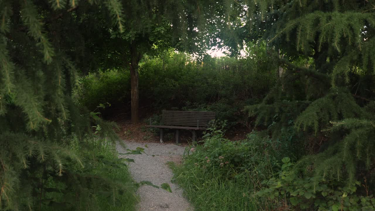 Lone bench along a walking path in a city park in Nashville