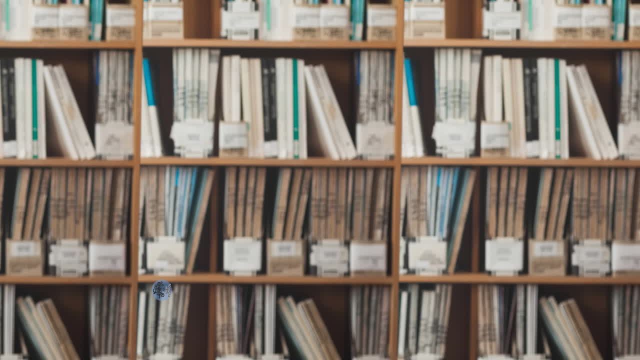 오래된 학교와 새로운 학교의 애니메이션 파란색 원에 있는 텍스트가 도서관 선반에 있는 책들을 가로질러 움직입니다.