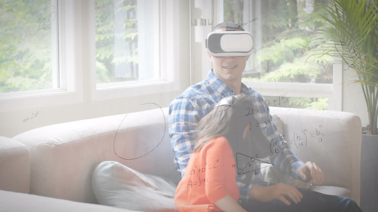 animación de dibujos matemáticos y ecuaciones sobre padre e hija usando auriculares vr