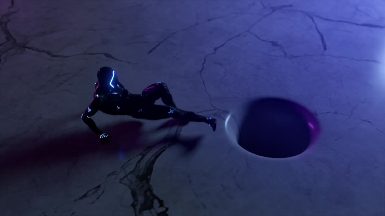 The alien character resists the pull of a black hole with a moving marble texture. Abstract composition. Seamless loop 3d render