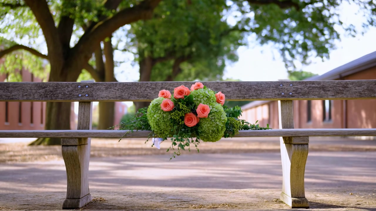A small bouquet of pink roses and fresh green foliage rests on a rustic wooden bench in a bright outdoor park with soft shadows and a blurred city backdrop