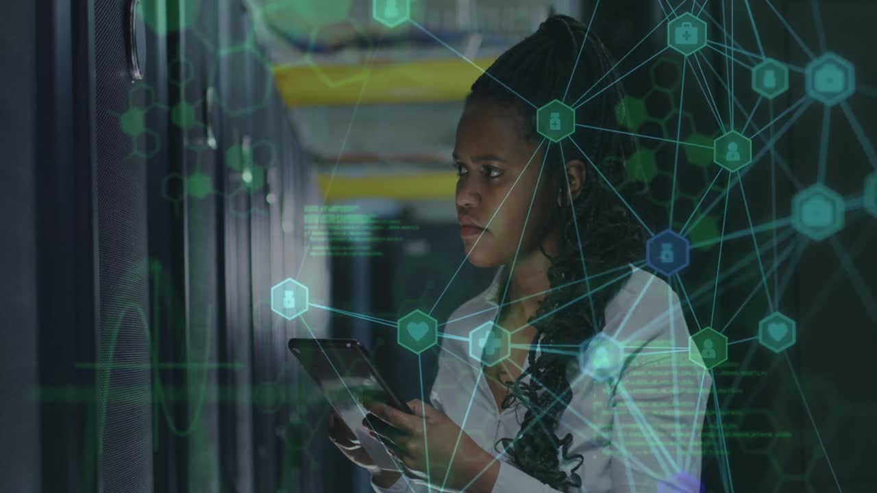 Animation of network of connections over female african american server room worker