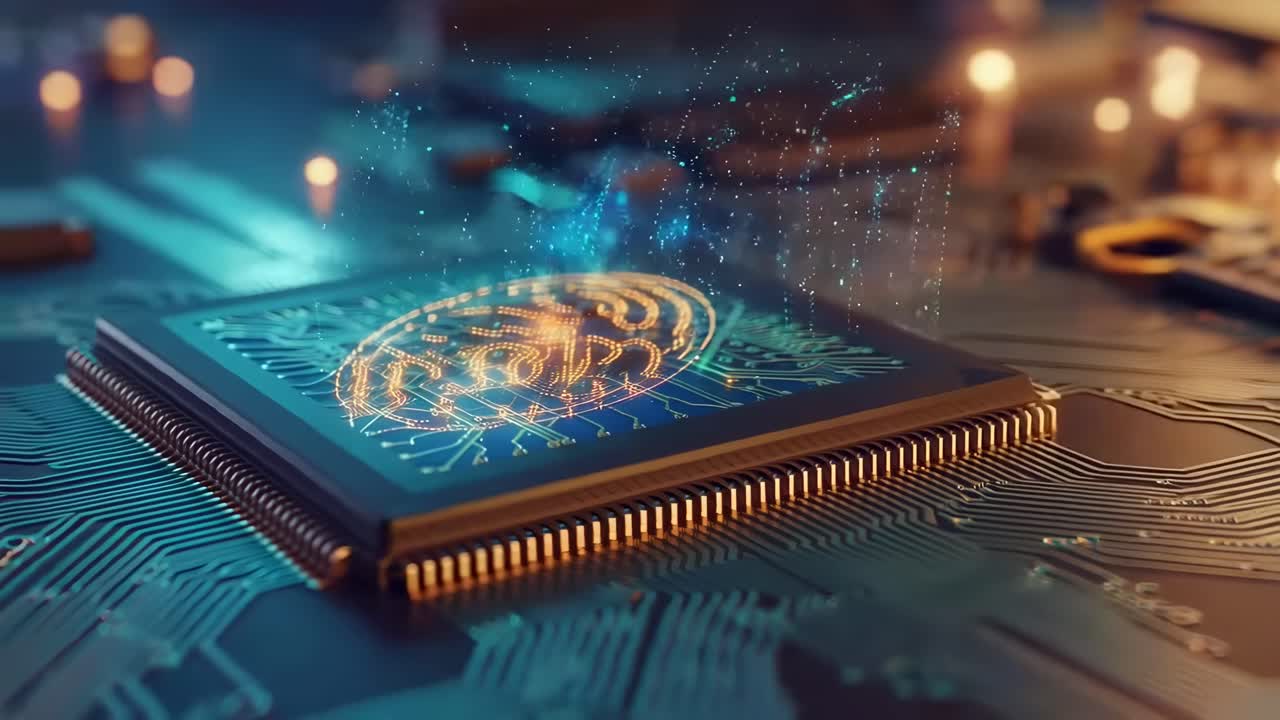 Futuristisk videokoncept af en glødende mikrochip, optaget i en lav engel på et printkort
