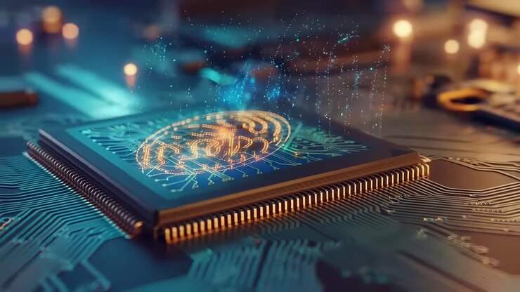 Futuristic video concept of a glowing microchip, captured at a low angle on a circuit board