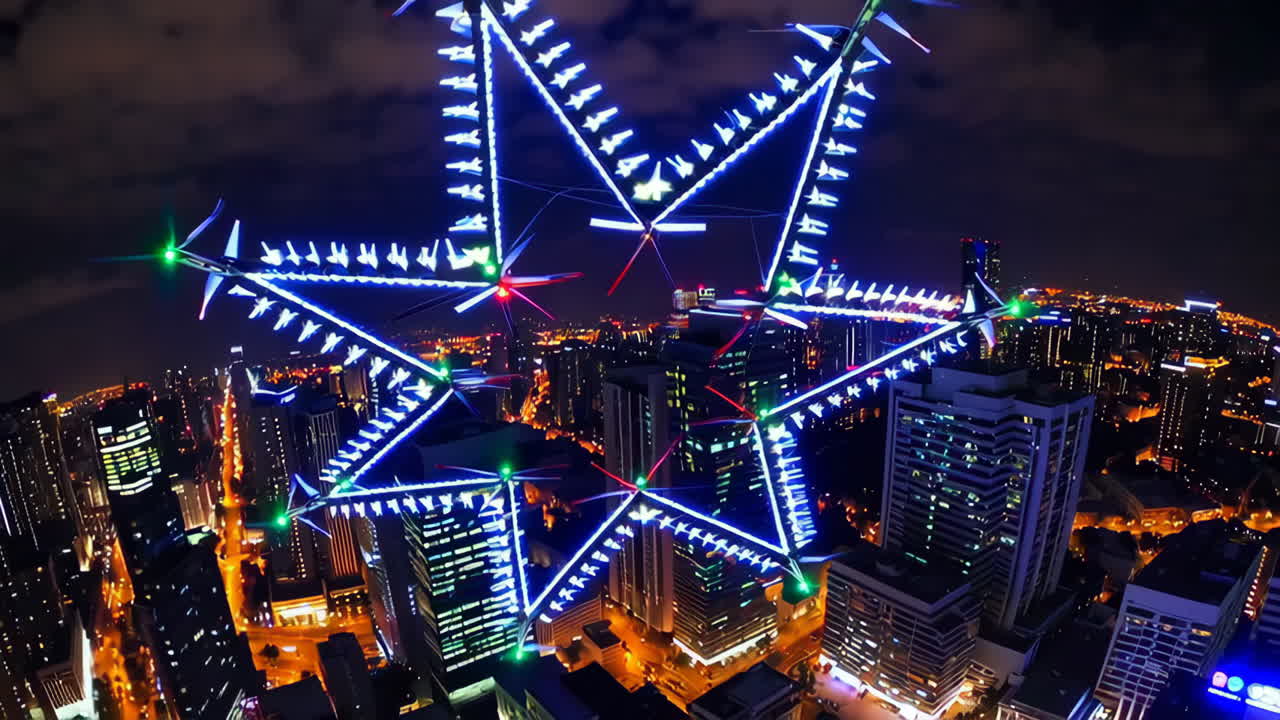 Drones Forming a Star over a City at Night