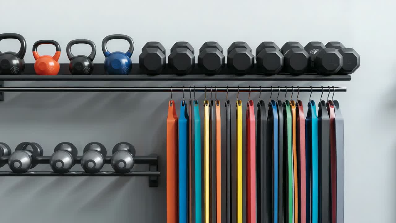 On start camera panning across gym rack, revealing kettlebells, dumbbells and resistance bands