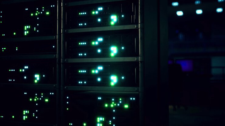 Data center with illuminated server racks operating at night