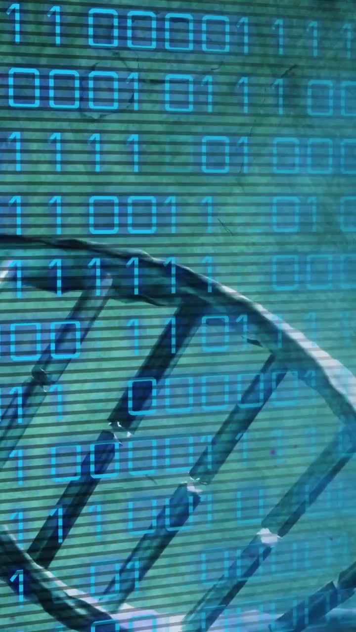 Animation of dna rotating over binary code on green background