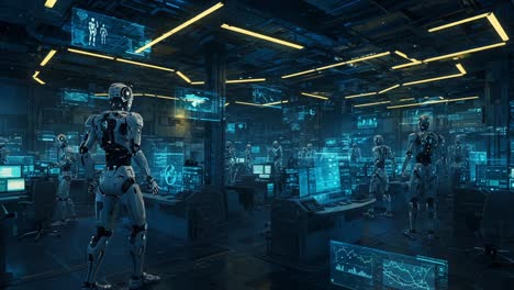 a futuristic control room filled with humanoid robots engaging with advanced technology, displaying screens with data and graphics, showcasing a high-tech environment