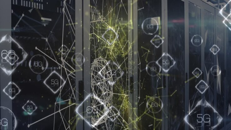 Animation of data processing and 6g text over computer servers
