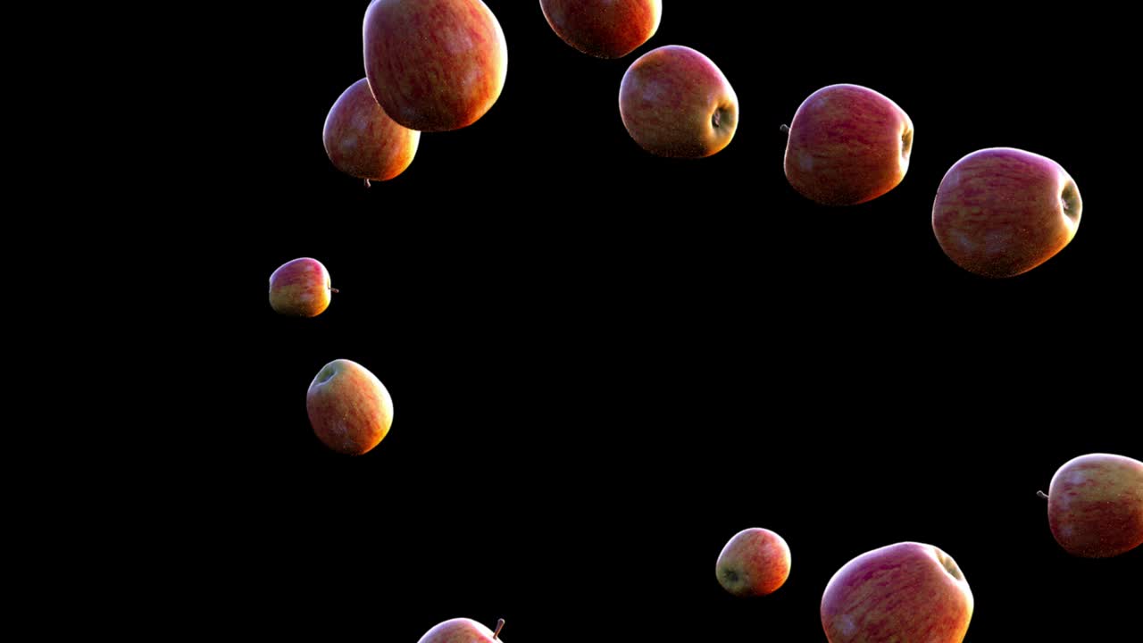 Apples falling down on black background. Realistic 3d render