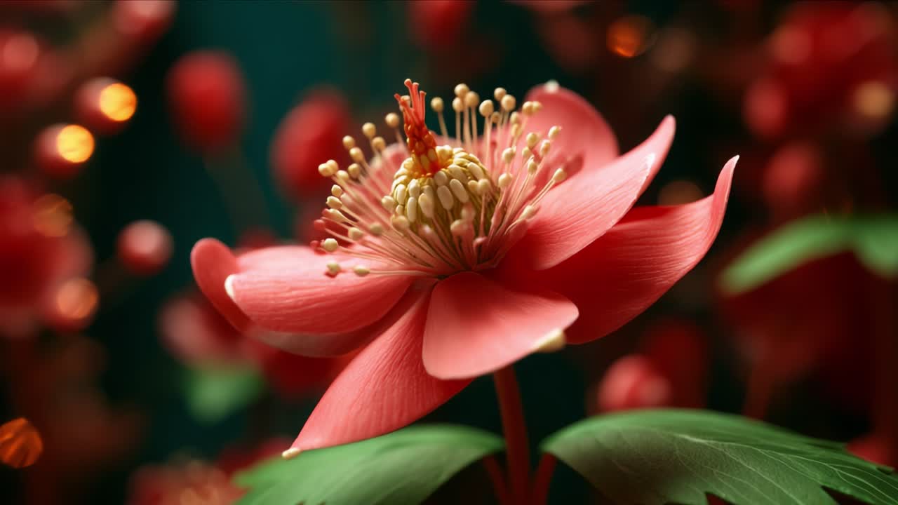 A Stunning Close-Up of a Vibrantly Blooming Coral Flower Surrounded by Intricate Detail and Rich Textures, Showcasing Nature's Artistic Beauty in a Magical Setting with Enchanting Bokeh Effects