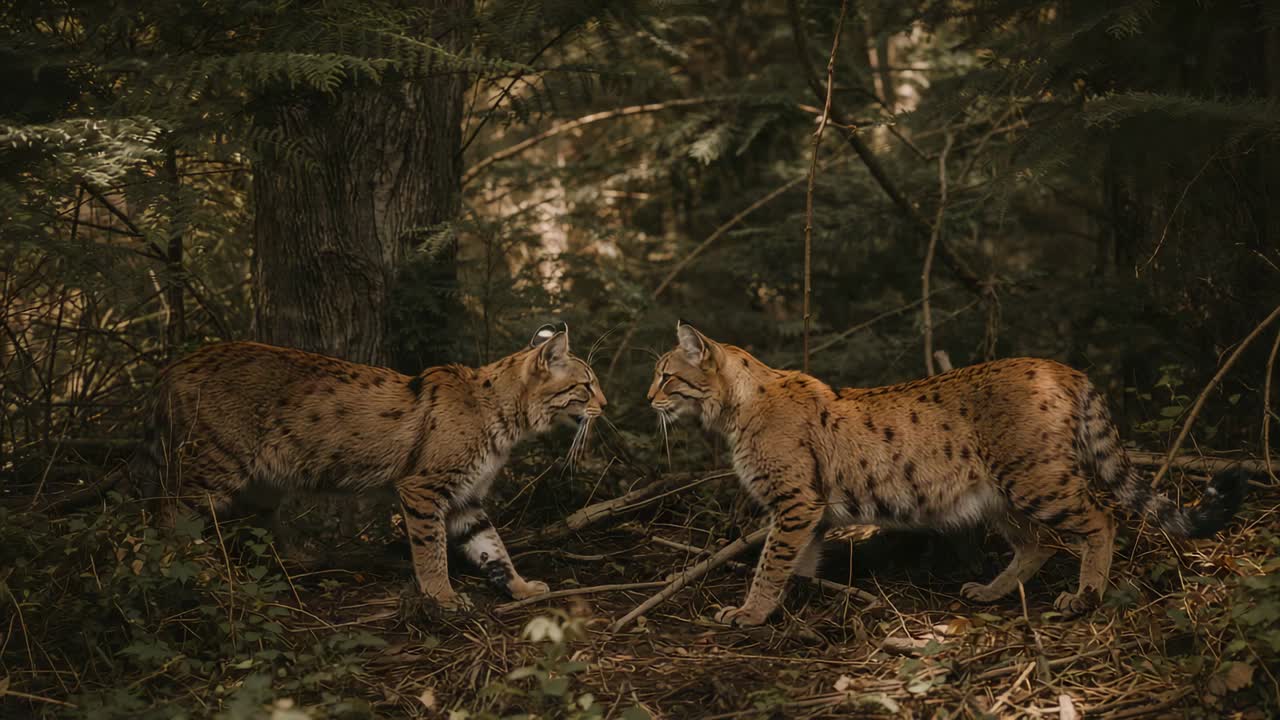 Facing, left wild cat approaching, lowering and sniffing right cat to inspect scent in forest ferns