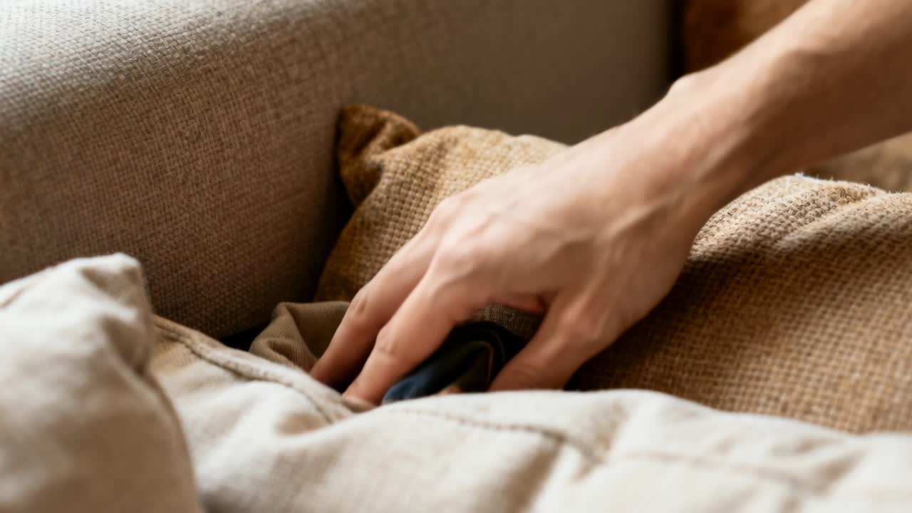 Lengan bawah telanjang masuk dari kanan, memeriksa celah bantal di sofa krem, mengambil benda kecil berwarna gelap.