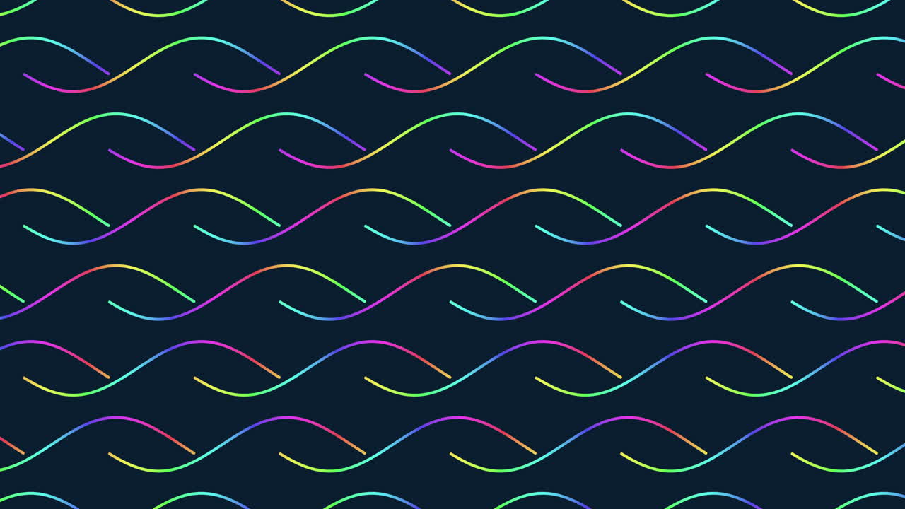 Seamless animated background of colorful neon wave lines flowing across a dark surface, ideal for modern motion graphics, music visuals, technology intros and creative digital design projects