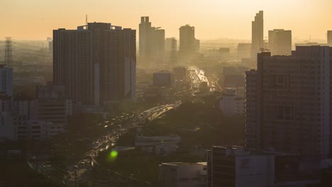 time-lapse or hyper-lapse highway road with beautiful cityscape and sunlight for transportation.