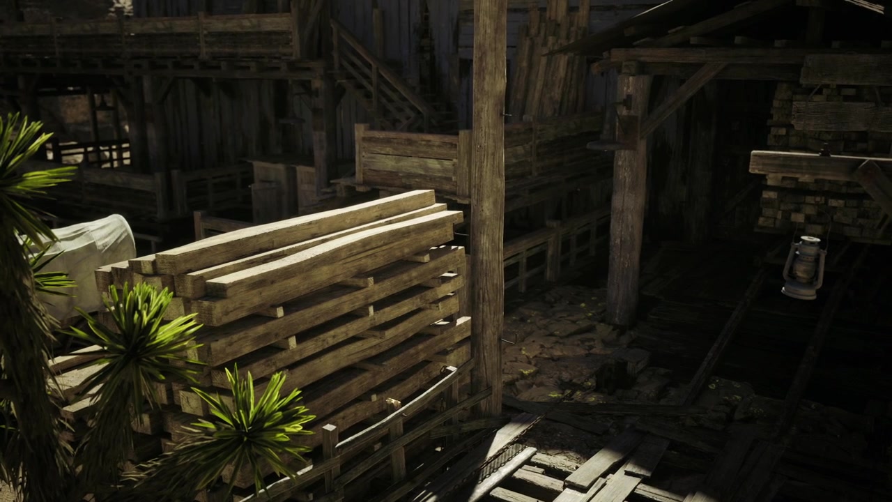 Layers of aged timber highlighted by sunlight and shadow play