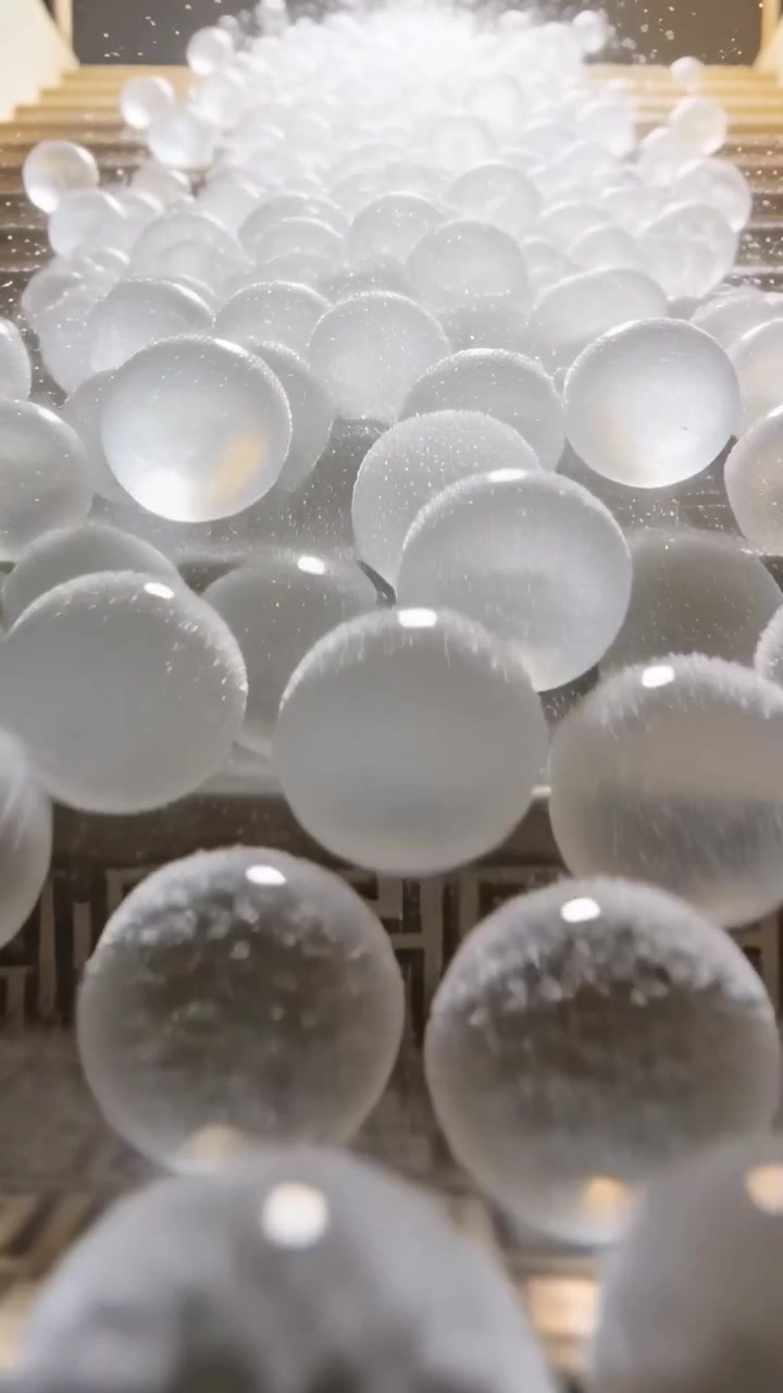 Vertical video: Rolling white spheres tumbling down stairs after top spheres shifting, with carpet