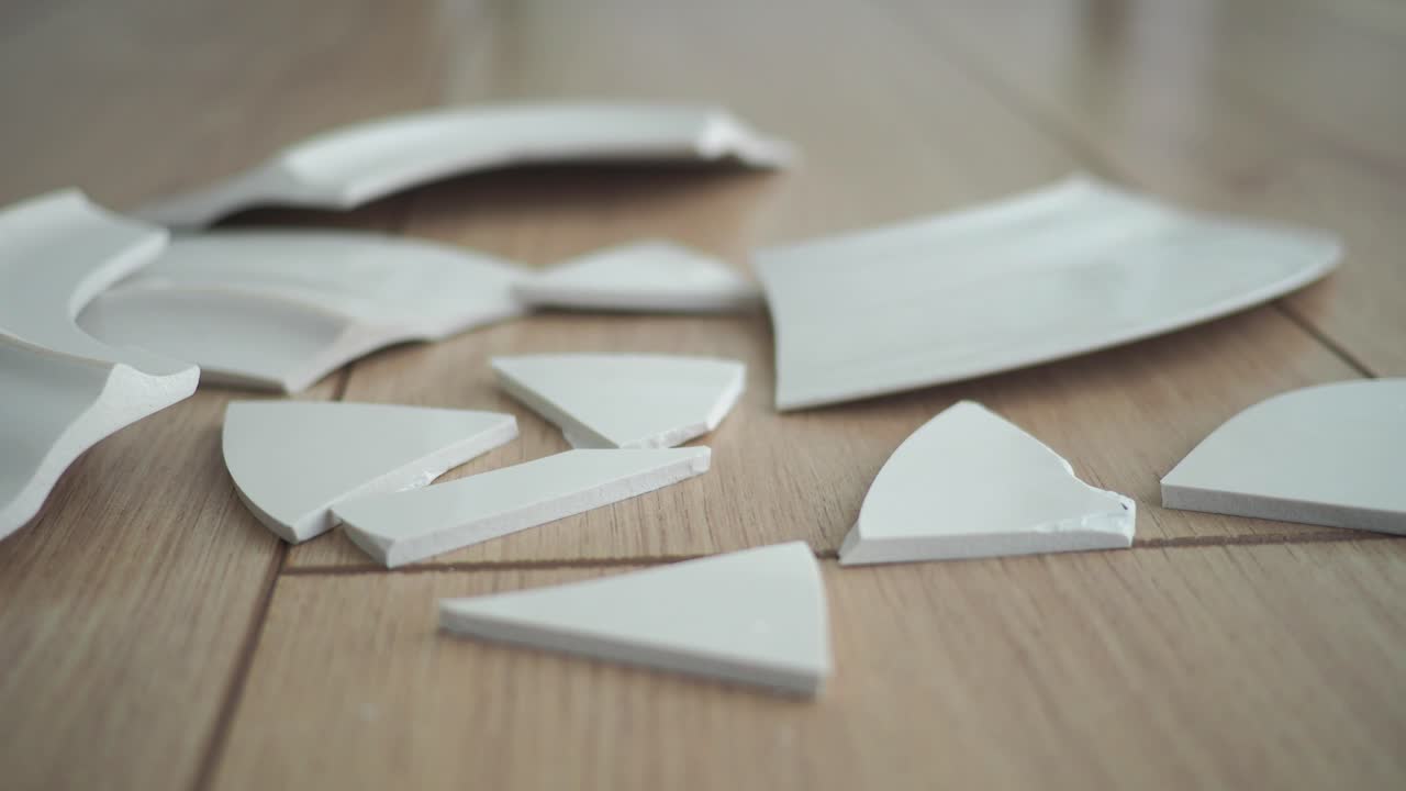 Broken ceramic plate shards on a wooden floor