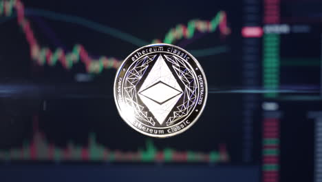 Ethereum-Classic,-Etc.-Moneda-Criptográfica-Flotando-Frente-A-Los-Gráficos-Comerciales-Con-Energía-Luminosa-Que-Pasa