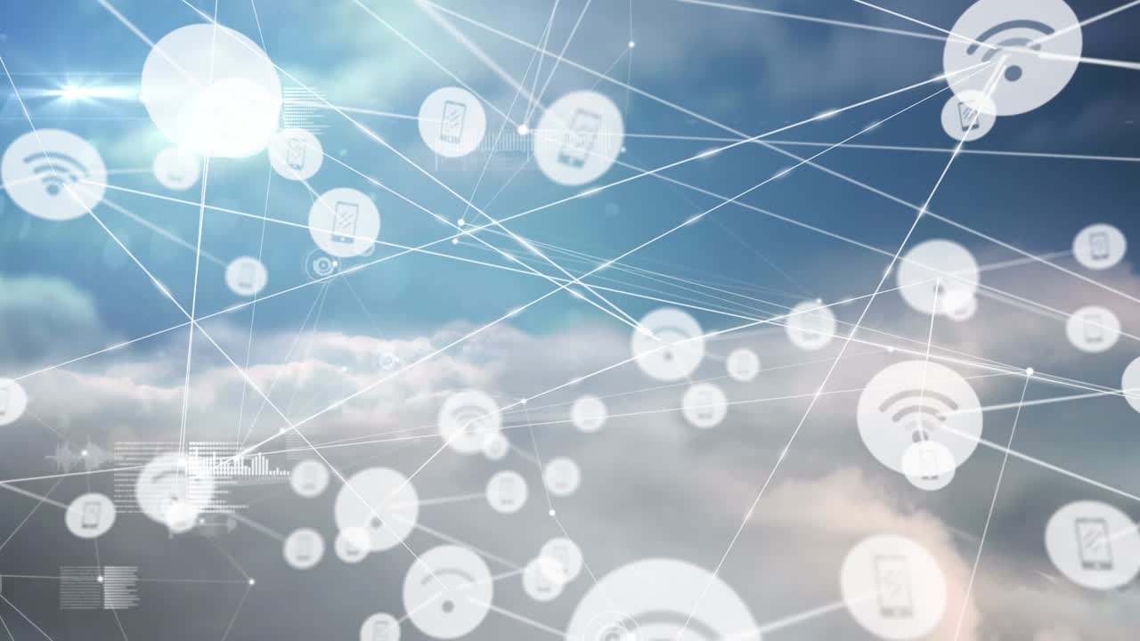 Animation of network of connections with icons on cloudy sky in background