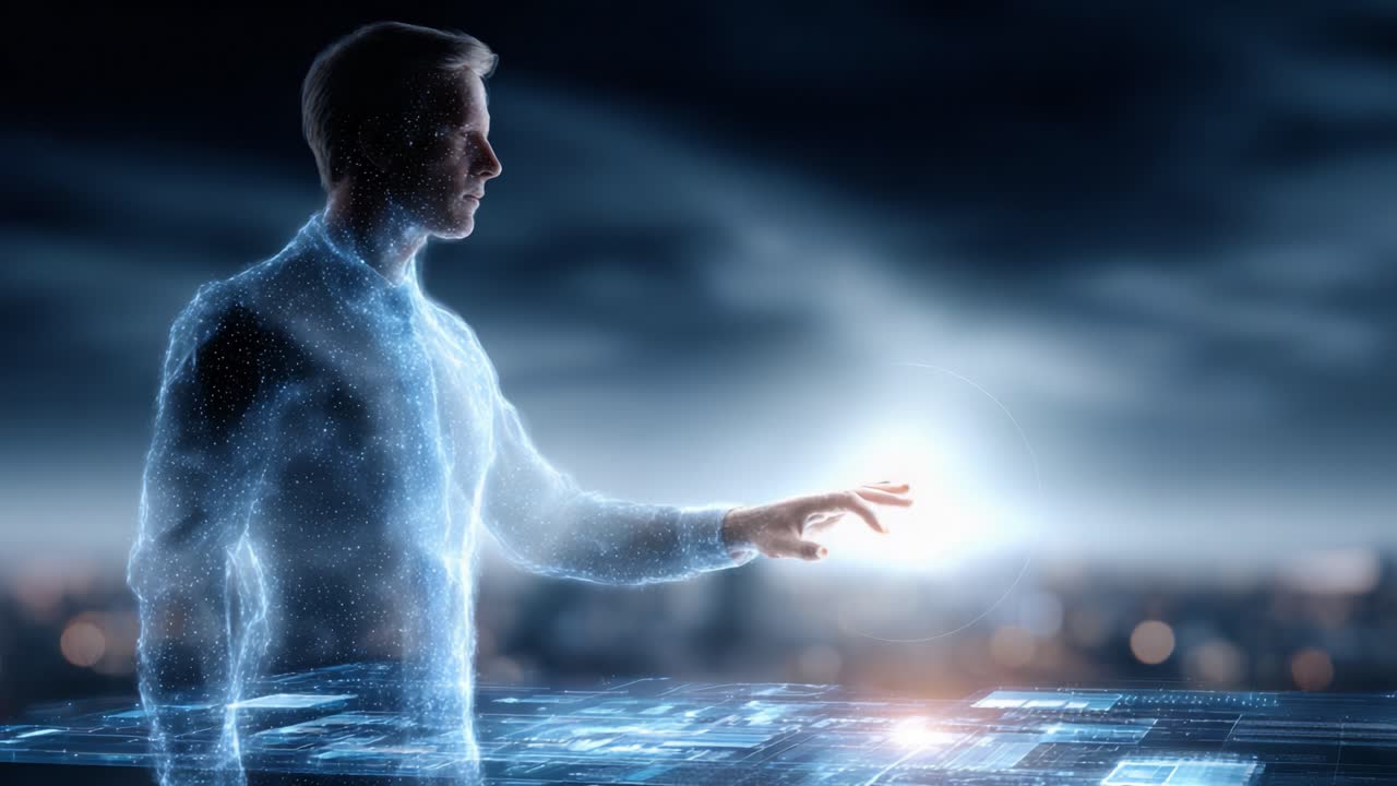 A futuristic digital landscape where a holographic figure interacts with advanced technology, conveying a sense of innovation and interaction in a virtual environment