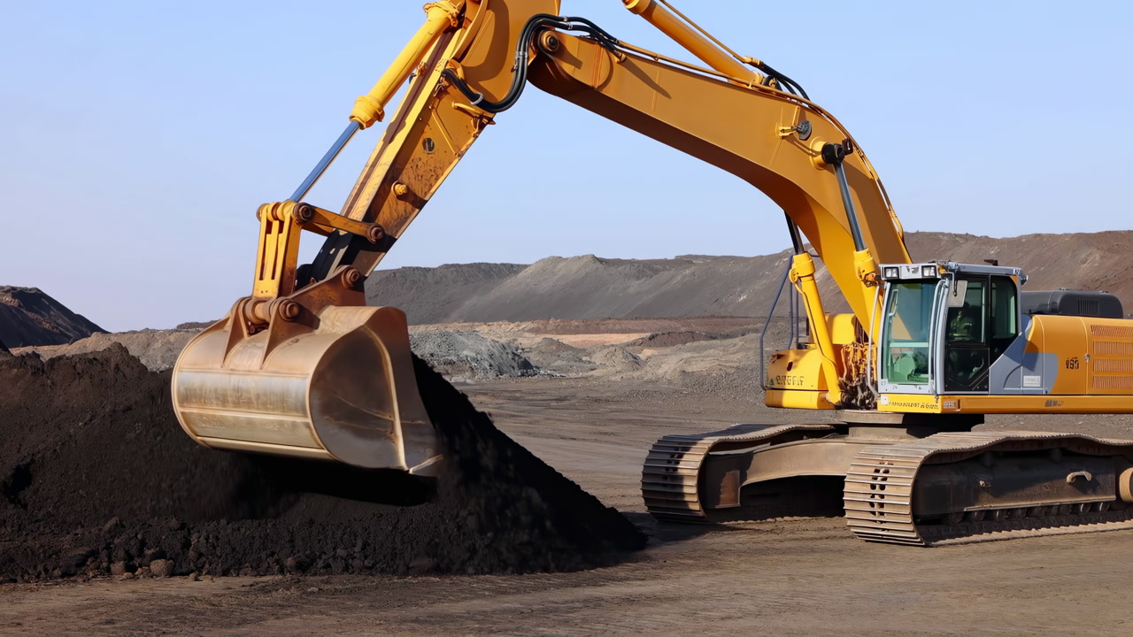 Yellow Excavator Scooping Dark Soil, Massive Hydraulic Arm Lifting Bucket Over Soil Pile At Open Quarry, Dusty
