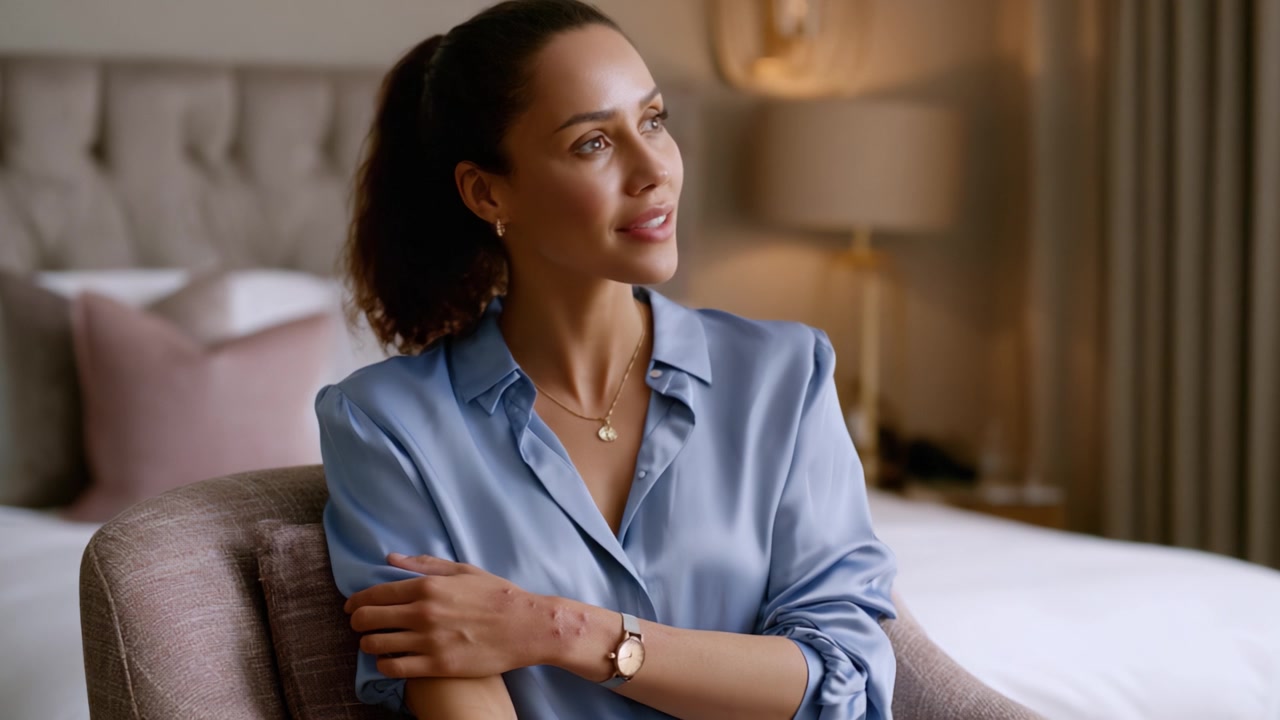 Una donna pensierosa in una stanza elegante riflette con un sorriso caloroso, mettendo in mostra eleganza e compostezza in un ambiente moderno.