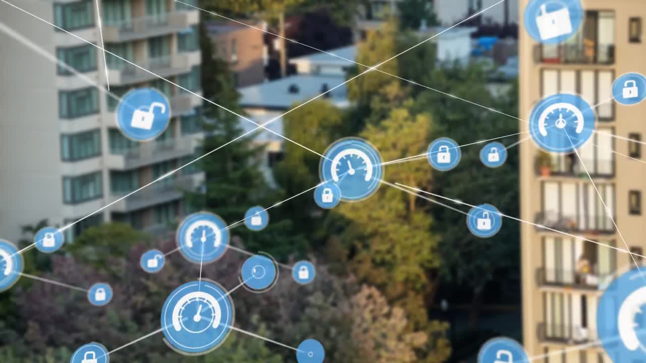 animación de la red de conexiones con iconos sobre el paisaje urbano