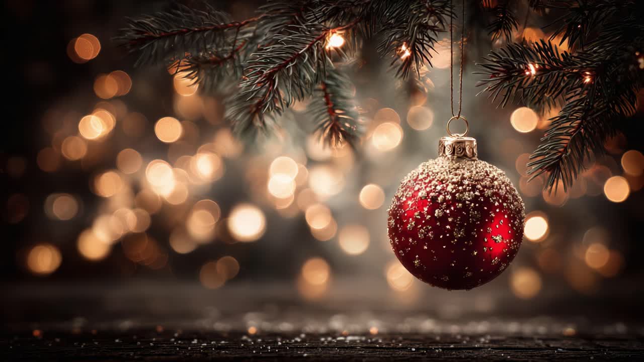 Un'incantevole scena natalizia con una decorazione rossa splendidamente adornata appesa a un ramo di pino, illuminata dalla luce soffusa e calda delle luci natalizie