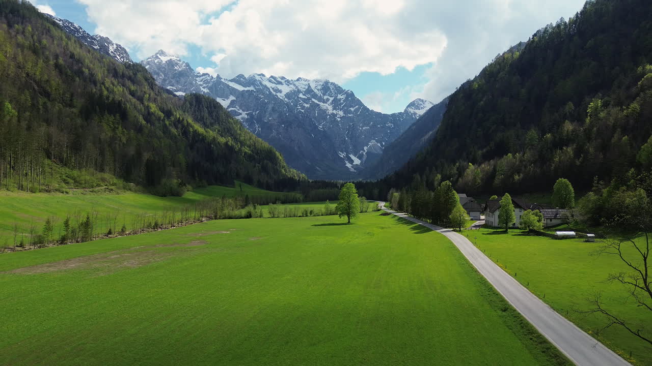 Vei langs det grønne gresslandet med fjellutsikt om sommeren i Logardalen, Slovenia. – Luftfoto.