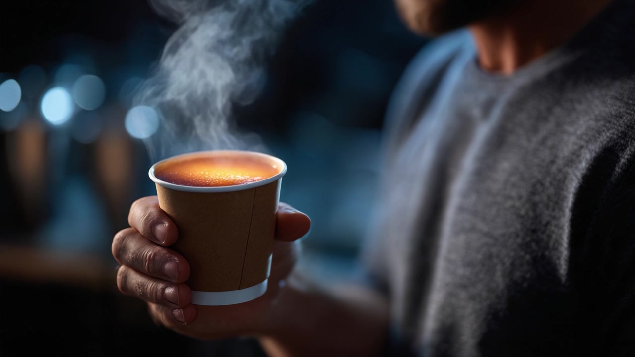 Una Tazza Calda di Bevanda che Emette Vapore in un Ambiente Accogliente, Catturando l'Essenza del Comfort e del Relax in una Giornata Fredda in un'Atmosfera Piena di Luce Soffusa